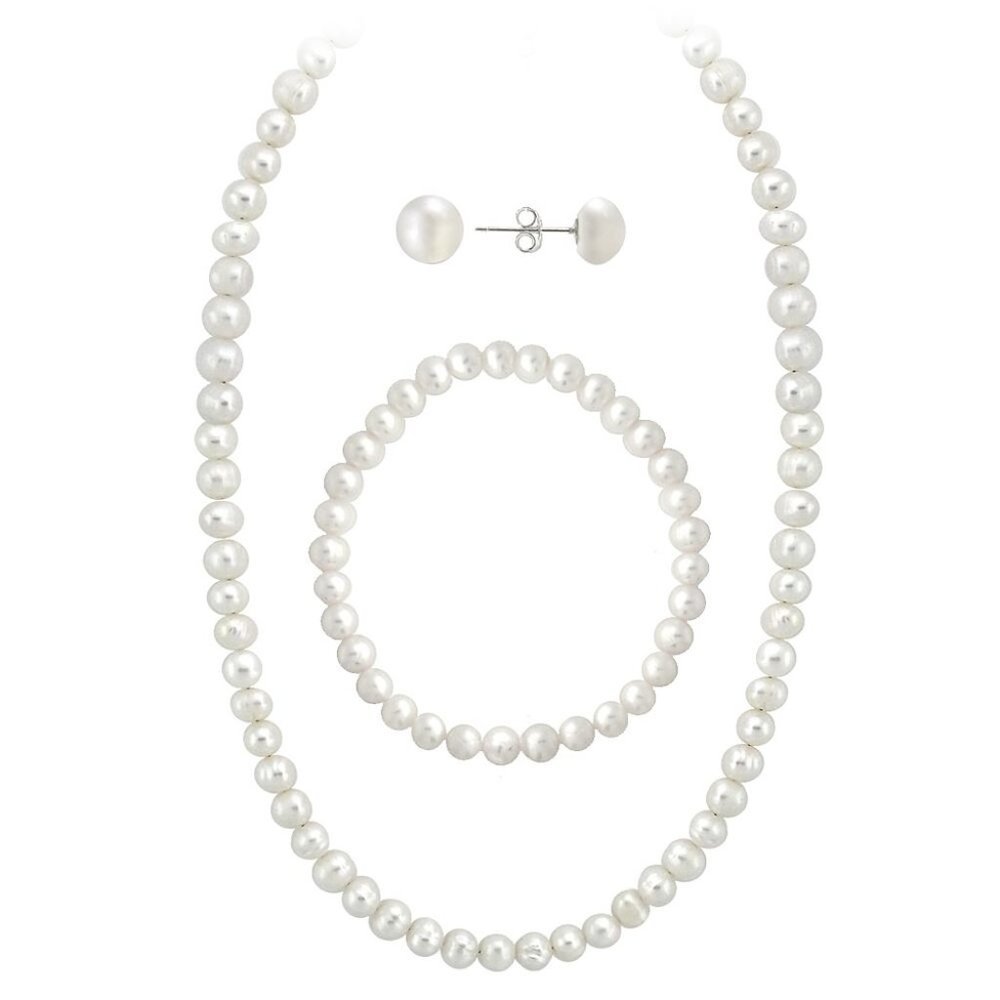 White Freshwater Pearl Necklace Bracelet Earrings Set 925 Sterling Silver​